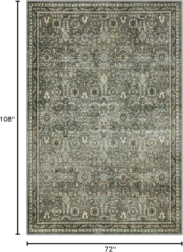 Lahome Sage Green Area Rug 6x9, Machine Washable Rugs for Living Room, Boho Vintage Soft Bedroom Carpet for Dining Room Nursery Apartment Office, Dark Green | Vintage Non Slip Non Shedding Soft Carpet for Bedroom Dining Room Nursery