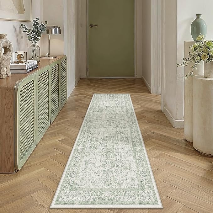 PureCozy Runner Rug 2x5 Sage Green Hallway Washable Vintage Distressed Kitchen Carpet Non Slip Neutral Low Pile Retro Floral Farmhouse Long Throw Rug Entryway Bathroom Office Laundry Dining Room