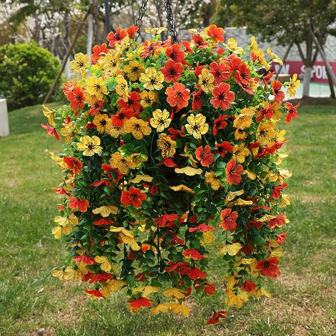 HyeFlora Artificial Hanging Flowers Basket for Outdoor, Fake Flowers Faux Plants Look Real for Yard Gardens Porch Patio Home (Orange+Yellow)