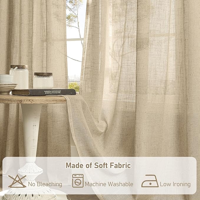 LAMIT Brown Linen Curtains 24 Inch Length, Semi Sheer Light Filtering Window Panels Back Tab and Rod Pocket Drapes for Basement/Small Windows, 25 x 24 Inch, 2 Panels