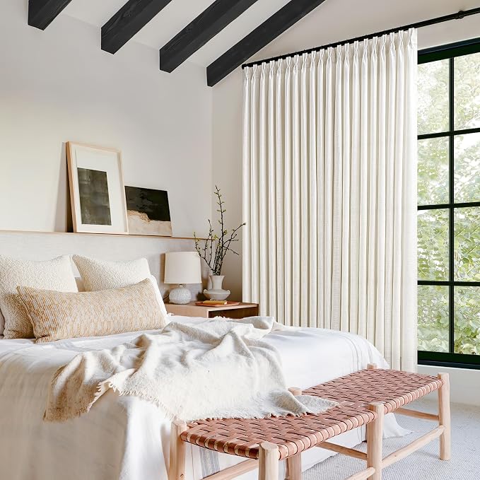 Pinch Pleated Linen Curtains 120 Inches Long for Living Room Cream Ivory Flax Double Pleated Drapes Back Tab Neutral Boho Ceiling Floor 120 Inch Window Curtains Bedroom Natural 50 Inch Width 1 Panel