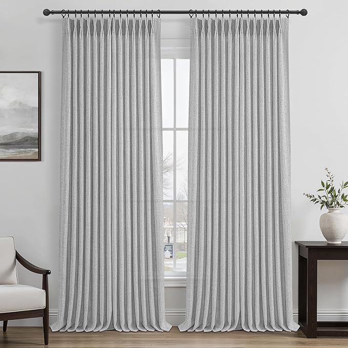 Light Grey Pinch Pleated Curtains 96 Inch Long for Patio Sliding Door, Boho Linen Sheer Light Filtering Cortinas para Sala Modern Windows Curtain 40 x 96 Inches Length 2 Panels Set with Back Tab Gray