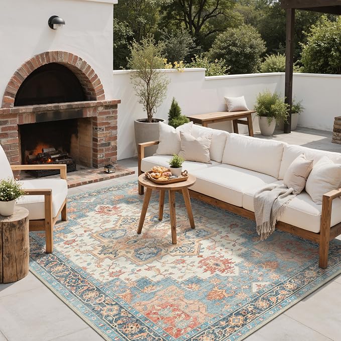 GENIMO Outdoor & Indoor Area Rug 5'x8', Waterproof, Non-Shedding, Easy Cleaning, Boho Mat for Patio, Living Room, Balcony, Dining Room, RV, Deck, Bedroom, Camping, Outside Carpet,Blue Salmon