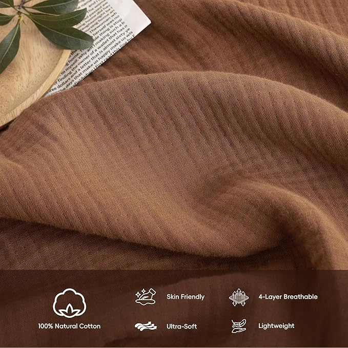 FOSSA Muslin Blanket 4-Layer 100% Cotton Gauze Blanket with Fringe 104"x90" | Super Soft Breathable Lightweight All Season & Decorative Blanket or Bed, Sofa, Office (Dark Orange,King )