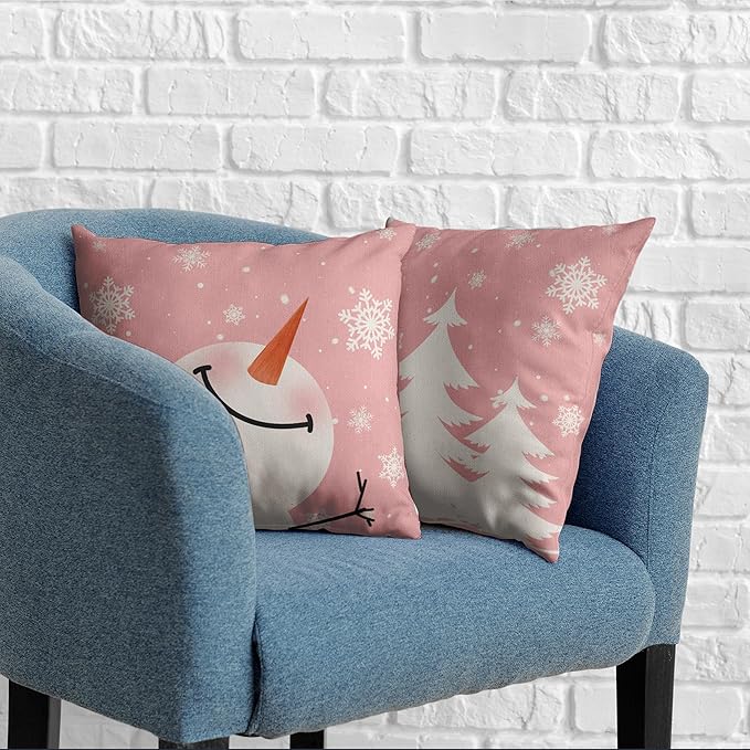 Pink Snowman Pillow Covers 18x18 Christmas Tree with Snowflakes Throw Pillow Covers Pillow Case Winter Holiday Cushion Case for Living Room Couch Bedroom Set of 2