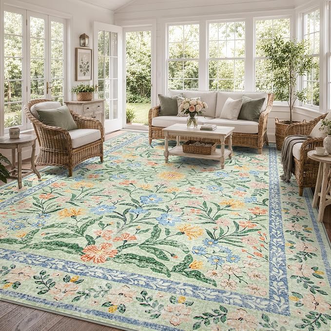 Wonnitar 10x14 Machine Washable Area Rugs, Green Floral Large Rugs for Living Room, Ultra-Thin Foldable Boho Flower Print Bedroom Carpet for Dorm Apartment Office