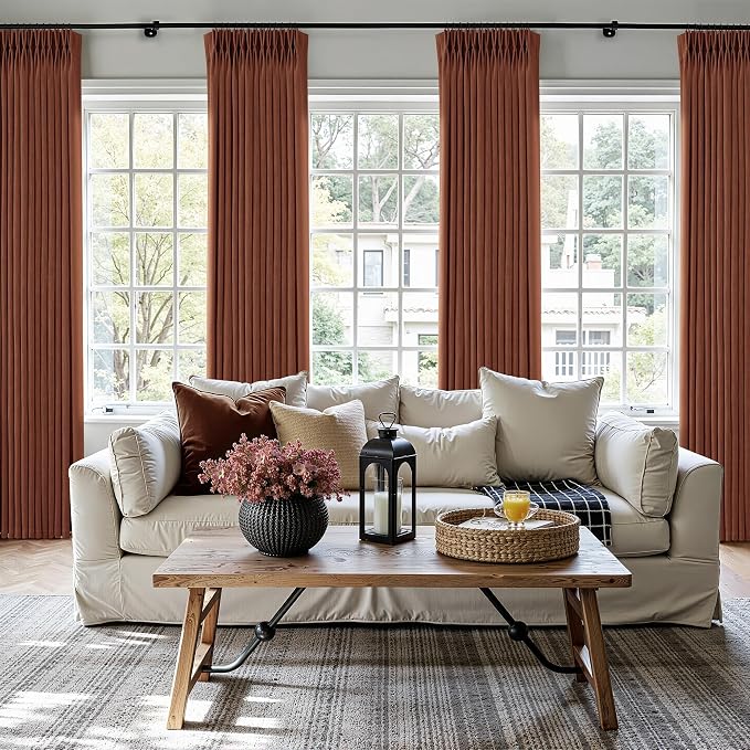 Terracotta Burnt Orange Thick Linen Curtains Pinch Pleated 96 Inch Length 2 Panels for Living Room Bedroom Semi Sheer Light Filtering Heavy Linen Drapes