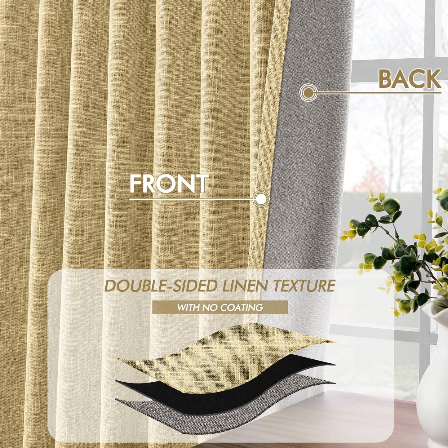 MIULEE Yellow 100% Blackout Linen Curtains 90 Inch 2 Panels Set Double Sided No Coating Pleated Back Tab Black Out Long Thermal Insulated Pinch Pleat Bedroom Living Room Darkening Window Drapes