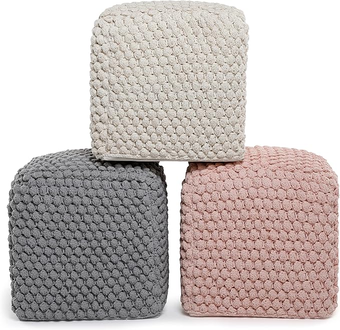 BIRDROCK HOME Square Pouf Ottoman Foot Rest - 18” Compact Comfortable Soft Cotton Knit Bean Bag Floor - Chair Foot Stool Seat for Living Room, Bedroom, or Kids Room (Grey Bud)