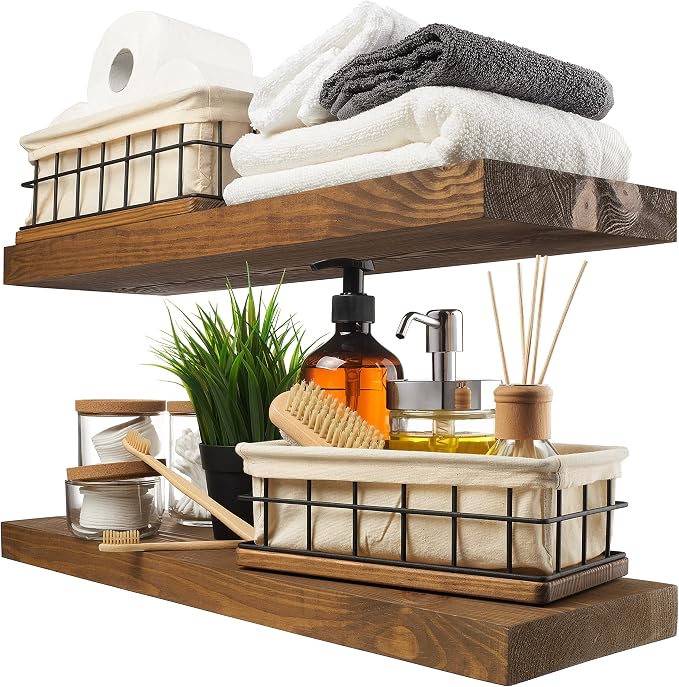 Solid Wood Floating Shelves for Wall 24 Inch Walnut, Wooden Bathroom Shelf | Real Wood, Wall Mounted, Rustic Farmhouse, Bedroom Kitchen Living Room, Walnut Finish, 24W x 6,7D, Set of 2
