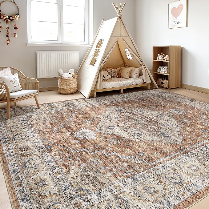 6x8 Area Rug Living Room: Washable Boho Large Neutral Vintage Soft Rug Stain Resistant Farmhouse Non-Slip Indoor Floor Carpet for Bedroom Nursery Kids Playroom Office Dining Room- Terracotta