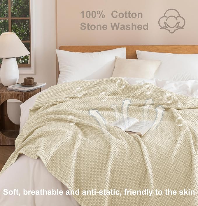 Talasily 100% Cotton Blanket King Size for Bed - Spring and Summer Cooling Lightweight & Breathable Bedding -Soft Waffle Weave Christmas Blanket, Machine Washable,Beige,108x90 Inches