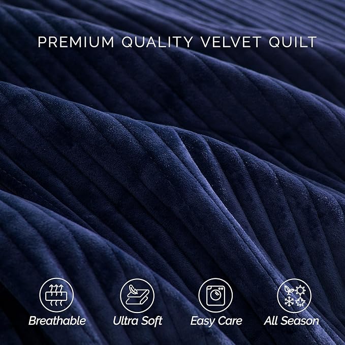 Elegant Comfort Luxury 3-Piece Velvet Corduroy Stripe Quilt Set, Ultra Soft Bedspread - Cozy Velvet Coverlet Set - 3PC Medium Weight Quilted Set with Matching Pillow Shams, California King, Navy Blue