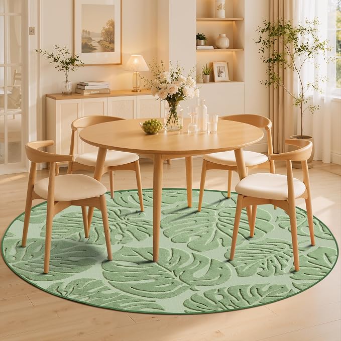 Sage Green Monstera Round Area Rug 6x6, High-Low Plush Pile Washable Rugs for Living Room Bedroom, Tropical Non Slip Nursery Carpet Soft Indoor Shag Rugs for Dining Room