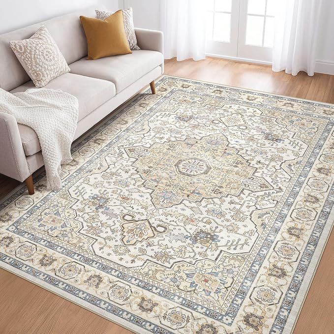 6x8 Area Rug Living Room: Washable Boho Large Neutral Vintage Soft Rug Stain Resistant Farmhouse Non-Slip Indoor Floor Carpet for Bedroom Nursery Kids Playroom Office Dining Room- Sand Blue