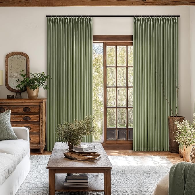 Pinch Pleat Olive Green 63 Inch Curtains for Bedroom Rustic Linen Blend Viral Pleated Light Filtering Privacy Small Window Curtain Back Tab Loden Moss Green Semi Sheer Drapes 2 Panels 63 Inch Length