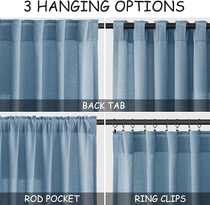 Nanspring Blue Linen Curtains 50 x 96 inches Long Living Room Back Tab Rod Pocket Semi Sheer Curtain Boho Modern Privacy Light Filtering Thick Linen Drapes for Bedroom, Blue, Set of 2 Panels