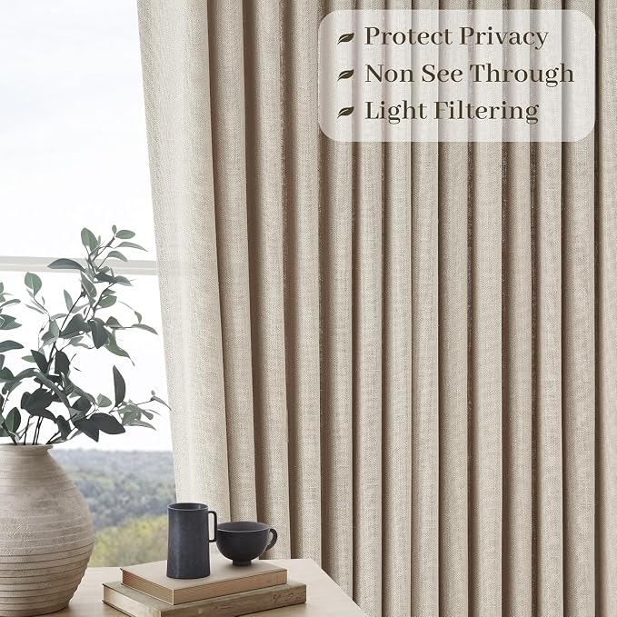 Pinch Pleated Linen Curtains 96 Inches Long for Living Room Bedroom 2 Panels Light Gray Beige Thick Linen Textured Light Filtering Back Tab Pinch Pleat Hooks Rings Semi Sheer Curtain Drapes Rustic 8FT