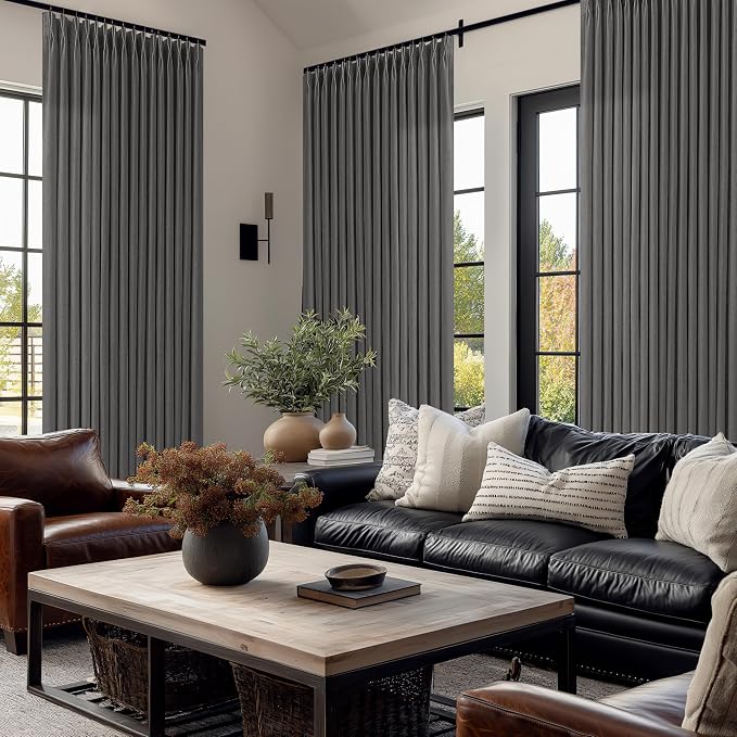 Grey 90 Inch Linen Curtains Pinch Pleated for Living Room Bedroom Dining Boho Charcoal Gray Light Filtering Pinch Pleat Drapes with Hooks Rings Back Tab Semi Sheer Window Curtains 2 Panels Set 50x90