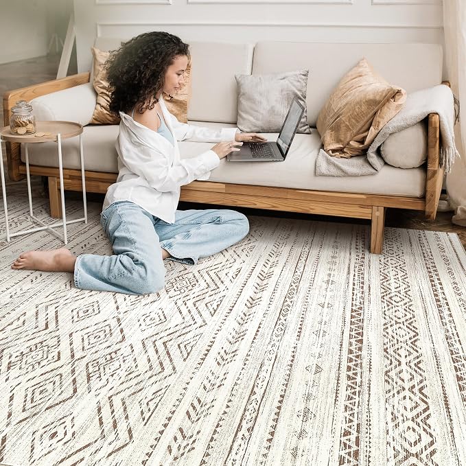 Tortania Area Rug Living Room Rugs - 6x9 Washable Large Soft Neutral Boho Moroccan Bohemian Farmhouse Rug Indoor Floor Carpet for Bedroom Under Dining Table Home Office Decor - Beige Brown