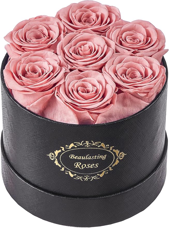 Beaulasting Long Lasting Preserved Roses in a Box Last a Year Forever Flowers for Her Mom Wife Anniversary Birthday (Round Black Box, Dusty Pink)