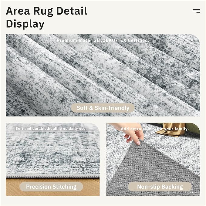 Soalmost 12x15 Washable Area Rug Gray Neutral Abstract Living Room Large Carpet Non Slip Bedroom Indoor Office Dining Room Low Pile Thin Grey Rug
