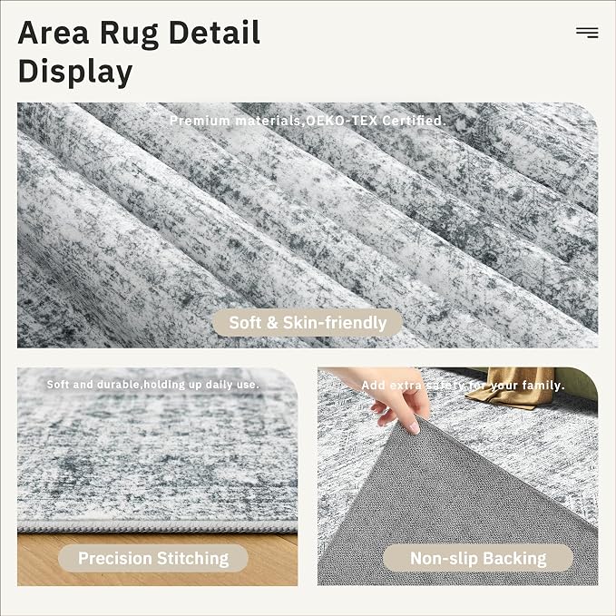 Soalmost Area Rug 10x12 Vintage Washable Living Room Large Gray Carpet Non Slip Bedroom Indoor Office Dining Room Low Pile Thin Rug Grey