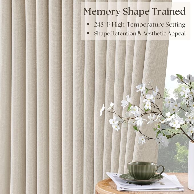94 Inch Natural Blackout Linen Curtains 2 Panels Set for Bedroom Living Nursery Neutral Pinch Pleated 100% Black Out Thermal Insulated Cream Ivory Curtain for Energy Efficient Pinch Pleat Drape 40x94