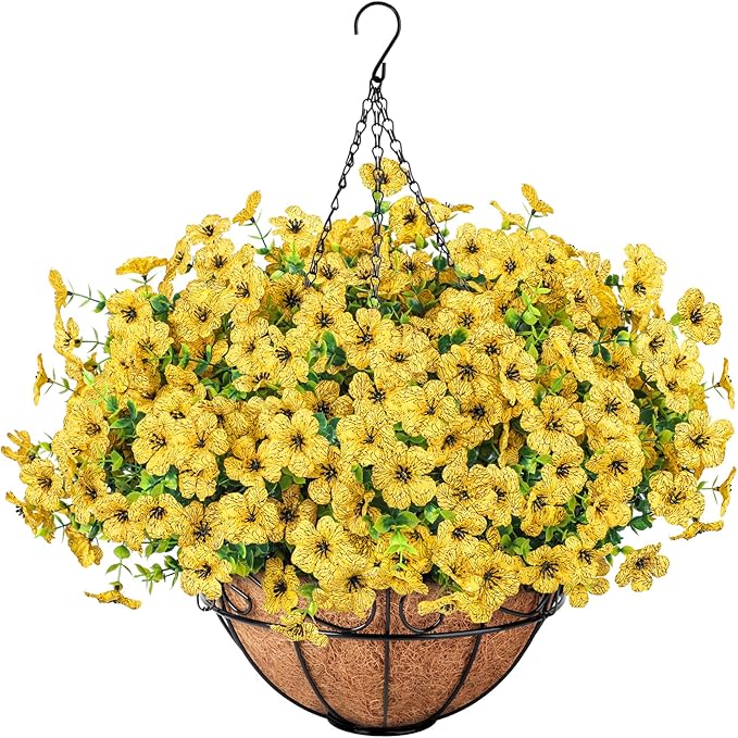 Ouddy Decor Artificial Hanging Flowers with Basket, Fake Hanging Plants with Faux Silk Flowers UV Resistant for Outdoors Indoors Spring Summer Porch Patio Balcony Yard Home Decorations, Yellow