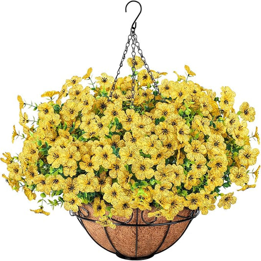 Ouddy Decor Artificial Hanging Flowers with Basket, Fake Hanging Plants with Faux Silk Flowers UV Resistant for Outdoors Indoors Spring Summer Porch Patio Balcony Yard Home Decorations, Yellow
