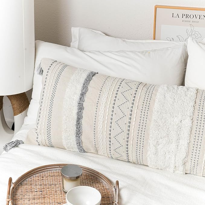BlissBlush 20X54 Oversized Large Lumbar Pillow Cover for Bed, Rectangular Long Decorative Throw Pillowcase, Cotton Boho Accent Cushion with Gray Tufted Pattern and Tassels, Cream Neutral (Cover Only)