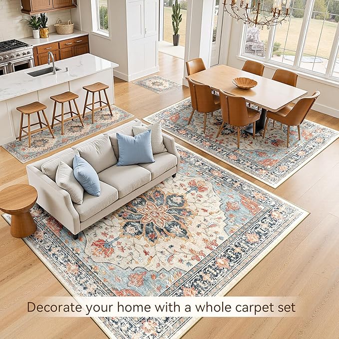 RELEANY Area Rugs 10'x12' Washable Non-Slip, Floral Vintage Distress Print Pattern Medallion Carpet for Living Room Bedroom Dining Room, Beige Navy Blue Orange Colorful