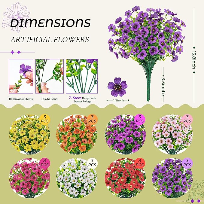 Der Rose 24 Bundles Artificial Flowers for Outdoor UV Resistant Faux Plants for Wedding Home Garden Patio Porch Spring Decor (8 Colors)