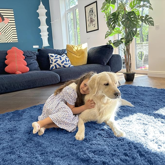 OLANLY 2x5 Machine Washable Runner Rugs for Hallway, Soft Fluffy Shaggy Bedside Rugs for Bedroom, Living Room, Indoor Floor Carpet for Kids Girls and Boys, Home Decor Aesthetic, Blue