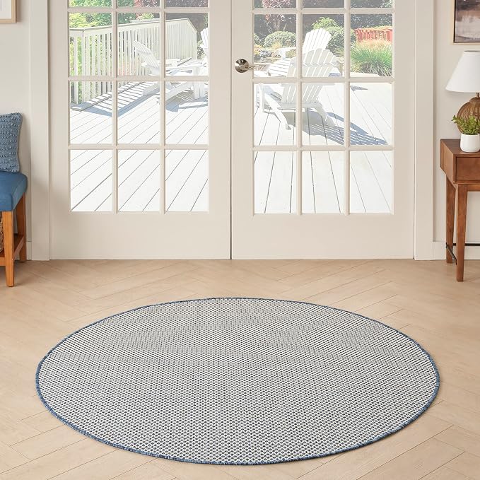 Nourison Home Courtyard Ivory Blue 4' x Round Area Rug - Easy Clean, Non Shedding, Bed Room, Living Room, Dining Room, Kitchen (4' x Round)