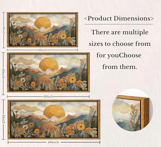 Vintage Framed Large Abstract Mountain Wall Art,Horizontal Boho Nature Landscape Canvas Print,Daisy Sun and Flowers Picture Poster,Japanese Orange Painting Artwork for Bedroom Living Room Office