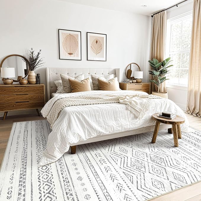 Tortania Area Rug Living Room Rugs- 8x11 Washable Large Soft Neutral Boho Moroccan Bohemian Farmhouse Rug Indoor Floor Carpet for Bedroom Under Dining Table Home Office Decor - Beige Gray