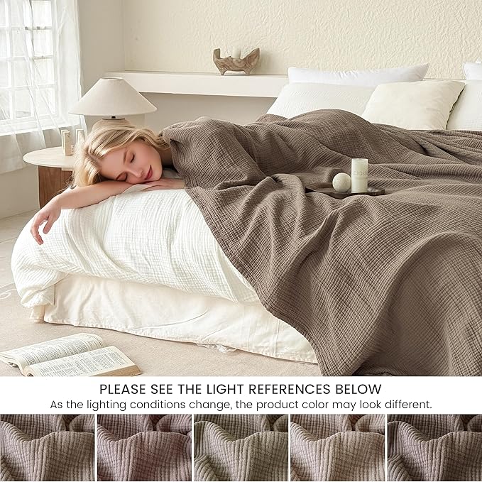 FALUCA Cotton Muslin Cooling Reversible Blanket 50x60 Inches for Bed, Couch, Four Layers Blanket, Soft Lightweight Cozy Breathable Farmhouse Decoration for Summer, Brown