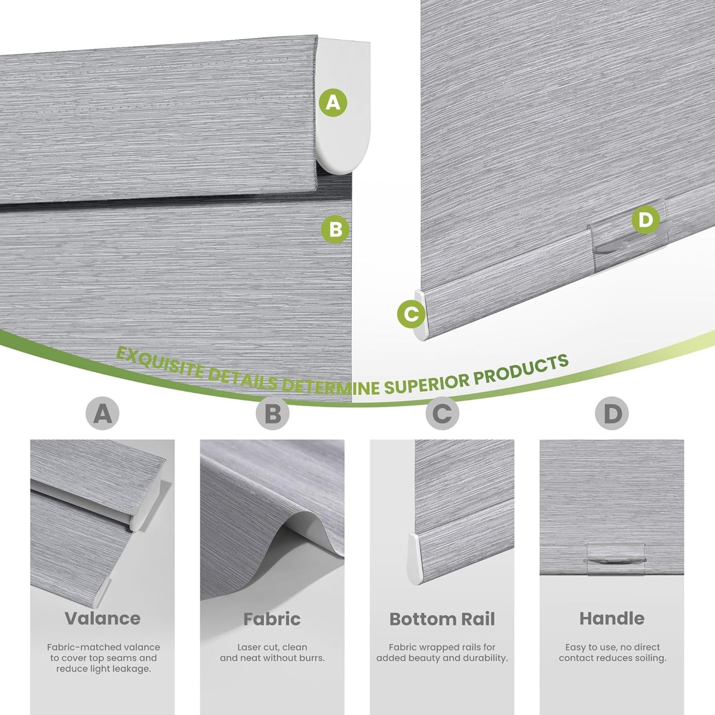 Blackout Roller Shades for Indoor Windows, Cordless Jacquard Fabric-Matched Roller Blinds, Easy to Install Privacy UV Protection Roll Up Blinds for Home Office, Grey, 22" W x 72" H