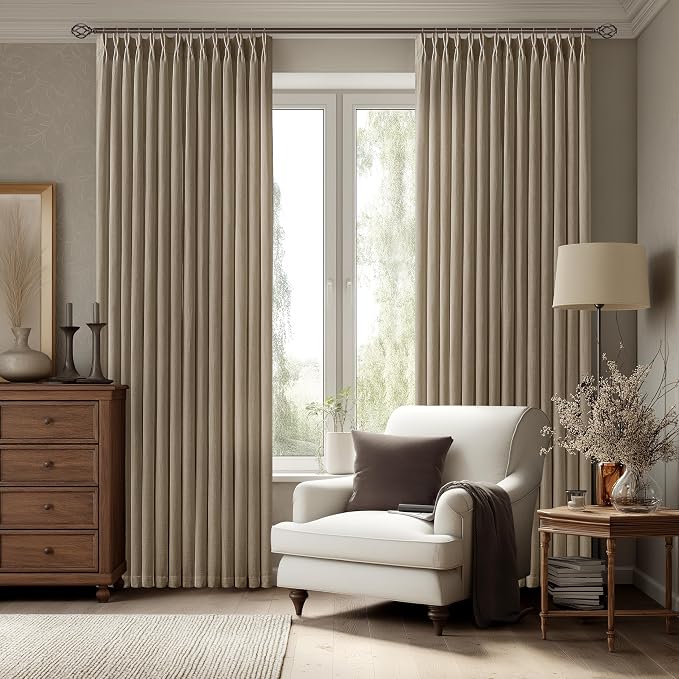 Dark Brown Pinch Pleated Linen Curtains 108 Inches Long for Living Room with Hooks Rings Back Tab Pinch Pleat Drapes for Track System Light Filtering Semi Sheer 108 Inch Curtains for Dining Bedroom