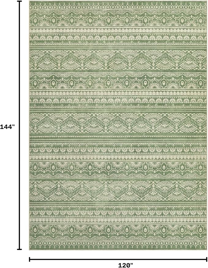 Tortania Area Rug Living Room Rugs - 10x12 Washable Large Soft Neutral Boho Moroccan Bohemian Farmhouse Rug Indoor Floor Carpet for Bedroom Under Dining Table Home Office Decor - Green