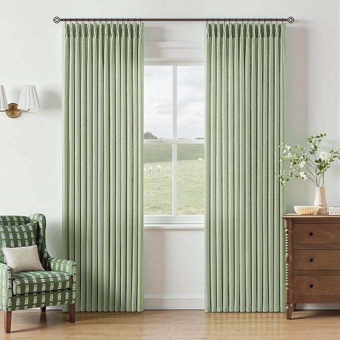 Sage Green Pleated Linen Curtains 84 Inches Length 2 Panels Set Farmhouse Boho Country Semi Sheer Pinch Pleat Drapes with Hooks Rings Aesthetic Decorative Light Green Burlap Spring Curtains Decor