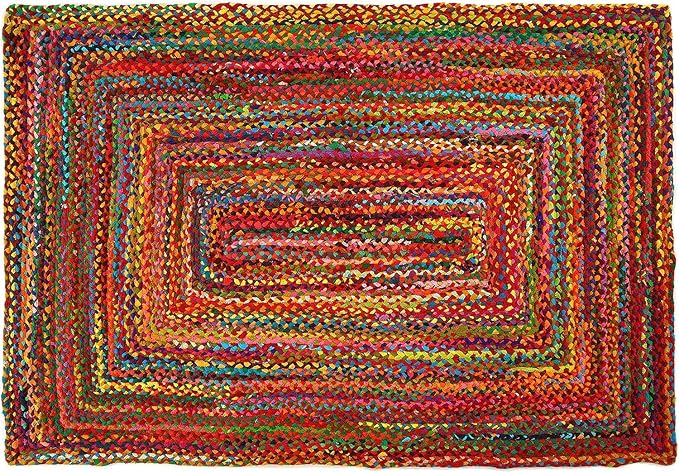 GRUHUM 8x10ft Jute Area Rug Natural Fibre Handmade Boho Farmhouse Soft Braided Chindi Rustic Vintage Rug for Indoor Kitchen Bedroom Living Room Hallways Enterways 8x10 feet Multicolor