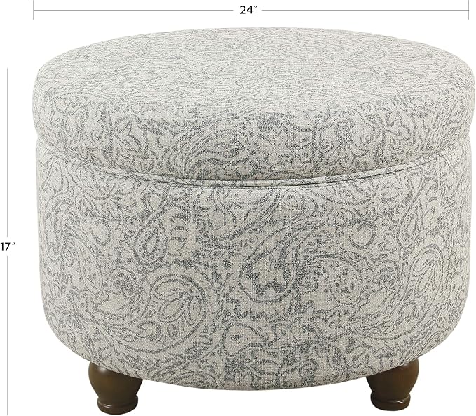 Homepop Home Decor | Upholstered Round Storage Ottoman | Ottoman with Storage for Living Room & Bedroom, Gray Floral