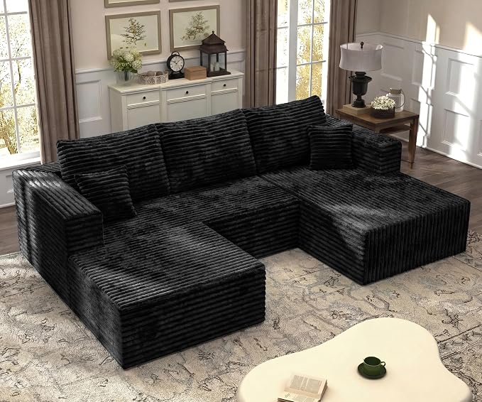 37.4'' Plush Fluffy Corduroy Ottoman for Boneless Couch in a Box, Modern Compressed Sofa, Small Comfy Rectangle Couch for Living Room, Bedroom, Black, (Ottoman)