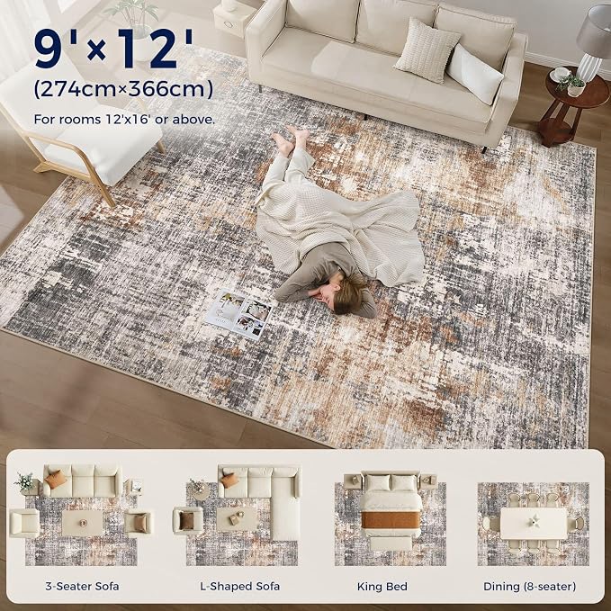 DMOYEST Area Rug Living Room Rugs - 9x12 Washable Large Soft Indoor Neutral Modern Abstract Low Pile Rug Carpet for Bedroom Dining Room Farmhouse Home Office - Grey Brown