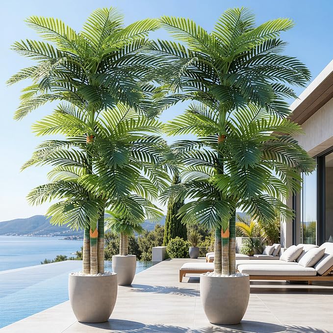 10ft Tall Triple Golden Cane Palm Artificial Tree Large Tropical Palm Tree UV Resistant Fake Plant in Pot for Indoor Outdoor Big House Living Room Outside Patio Office Home Decor 1Pack