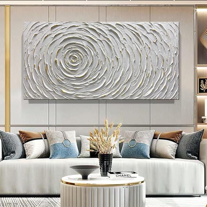 ART8YUQI Paintings - Contemporary Abstract Art Oil Painting On Canvas Texture 3D White painting Handmade Artwork Picture Canvas Wall Art Modern Home Decor living room Ready to Hang 24x48inch