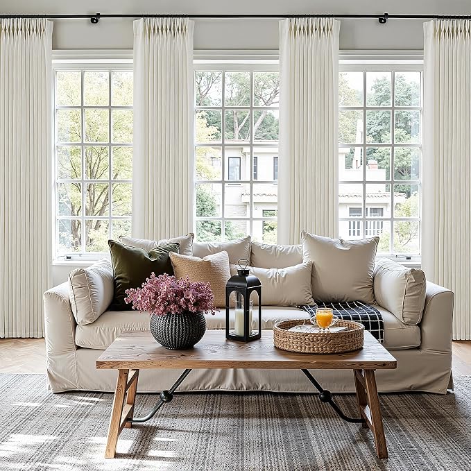 Pinch Pleated Thick Linen Curtains 120 Inch Length 2 Panels Set for Living Room Warm Beige Neutral Pleated Curtains Semi Sheer Light Filtering Privacy Bedroom Window Drapes