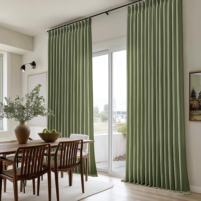 Olive Green Linen Curtains 108 Inches Long Living Room 2 Panels Set Modern Aesthetic Pinch Pleated Light Filtering Semi Sheer Ceiling Floor Track Curtains with Hooks Rings Drapes for Bedroom Window